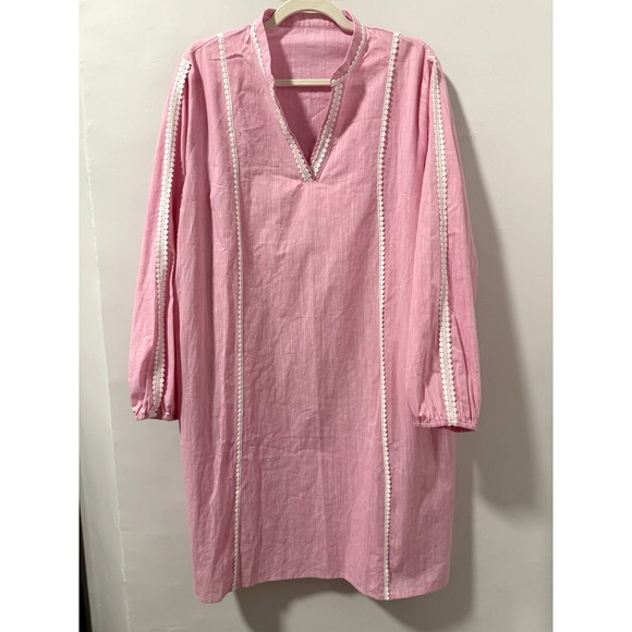 New Collection Dresses & Skirts - Pink Cotton Linen Shift Tunic Dress White Trim Pockets Side Zip Resort XXL NWT
